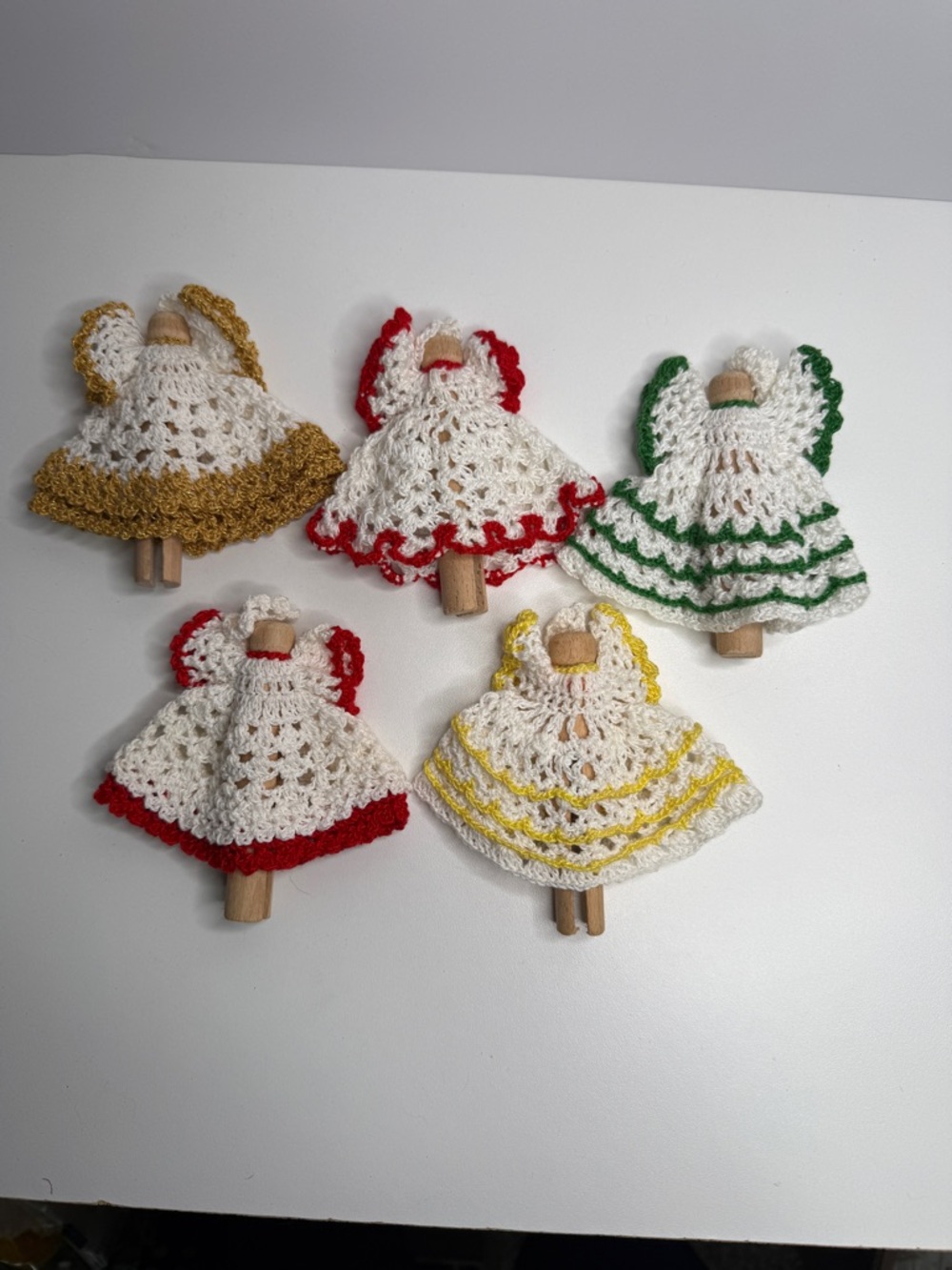 Handmade Crochet Angel Ornaments with Colored Trim set of 5 multi colored